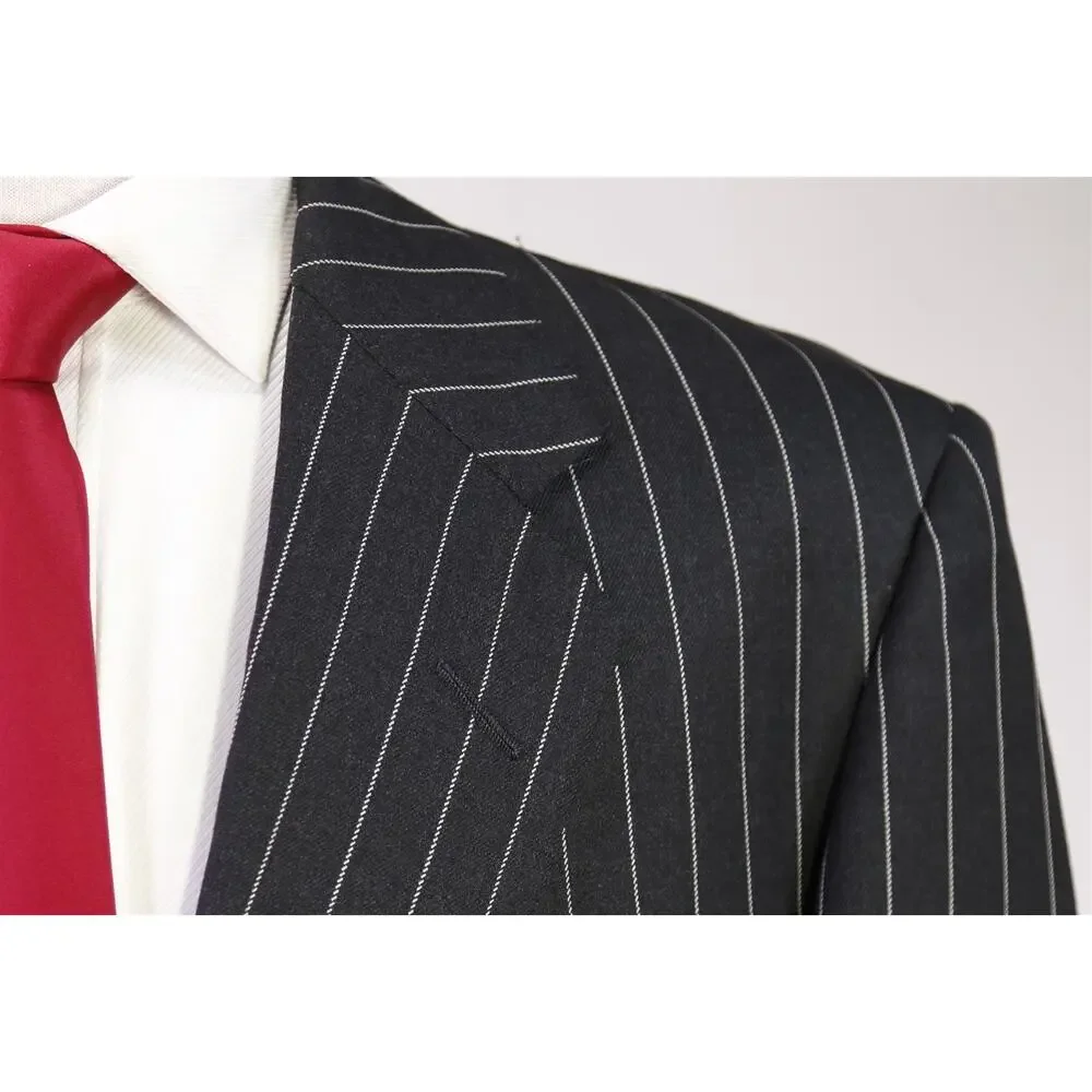 Edgar Pomeroy Custom Tailored Black Bold Pinstripe 2-Btn Wool Suit 46R